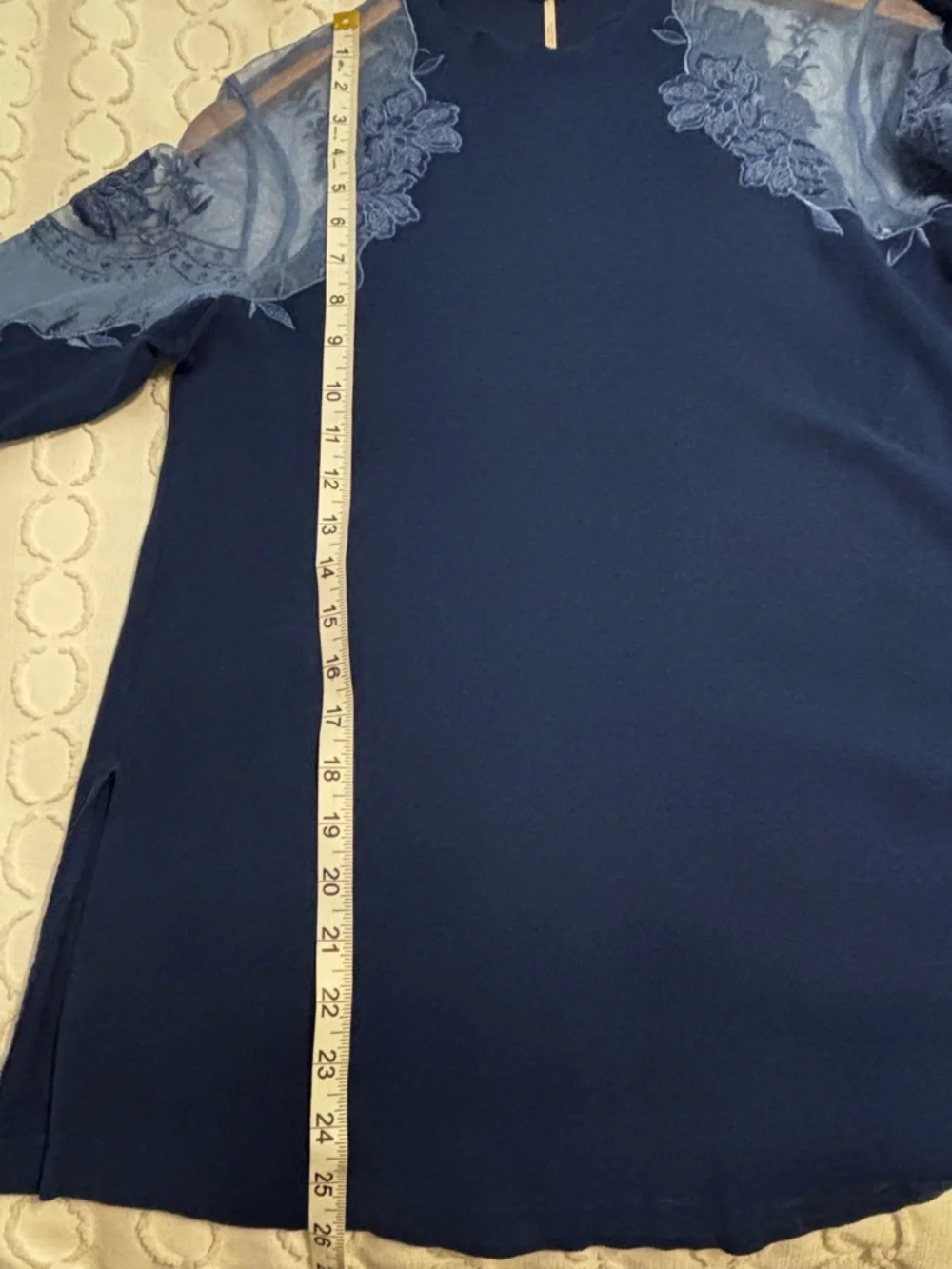Free People Daniela Lace Ribbed Knit Top Size‎ Small Blue Sheer Boho Mesh